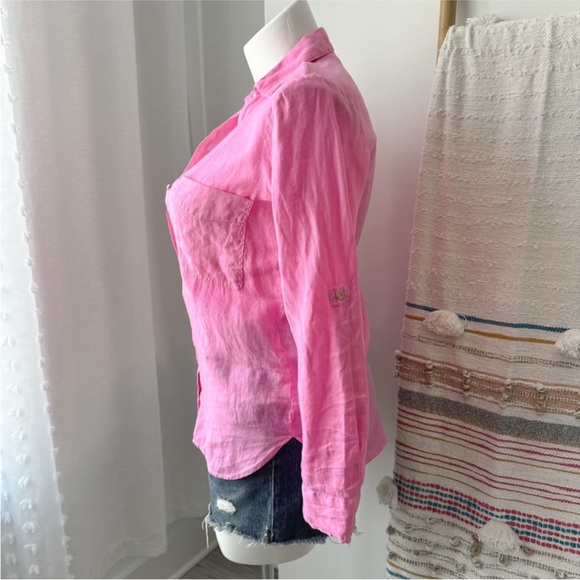 Zara 100% linen button down long sleeve pinned up blouse - Picture 2 of 7